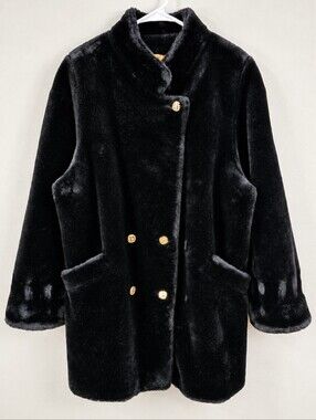 Vintage Hillmoor New York Faux Fur Coat Womens XL Black Gold Buttons Retro